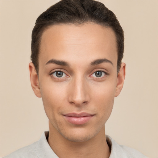 Neutral white young-adult male with short  brown hair and brown eyes