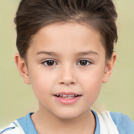 Joyful white child female with short  brown hair and brown eyes