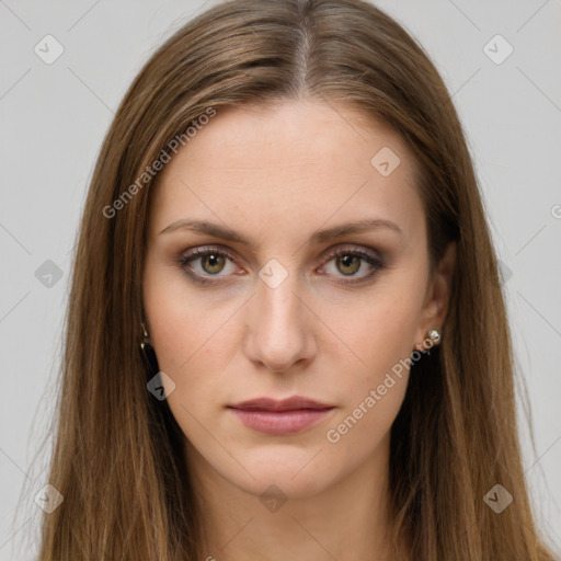 Neutral white young-adult female with long  brown hair and brown eyes