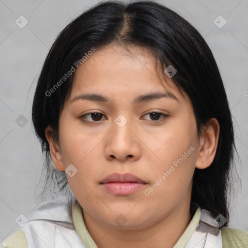 Neutral asian young-adult female with medium  brown hair and brown eyes