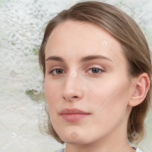 Neutral white young-adult female with medium  brown hair and grey eyes