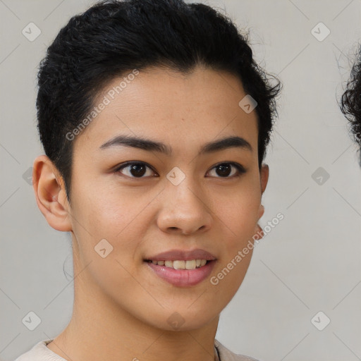 Joyful latino young-adult female with short  brown hair and brown eyes