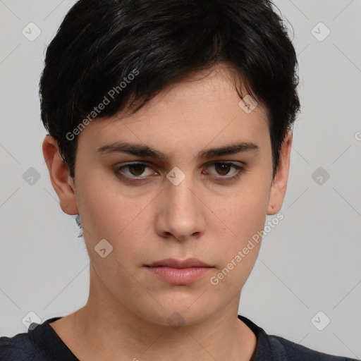 Neutral white young-adult male with short  brown hair and brown eyes