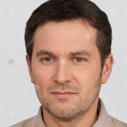 Neutral white adult male with short  brown hair and brown eyes