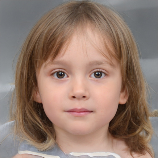 Neutral white child female with medium  brown hair and grey eyes