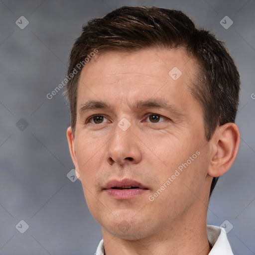 Neutral white adult male with short  brown hair and brown eyes