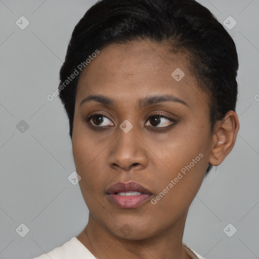 Neutral black young-adult female with short  brown hair and brown eyes