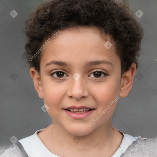 Joyful white child female with short  brown hair and brown eyes