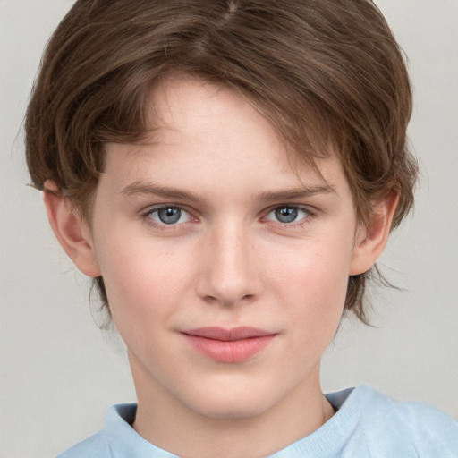 Joyful white child female with medium  brown hair and grey eyes