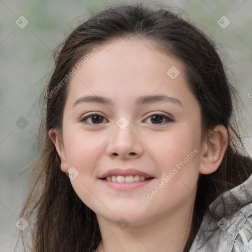 Joyful white child female with medium  brown hair and brown eyes