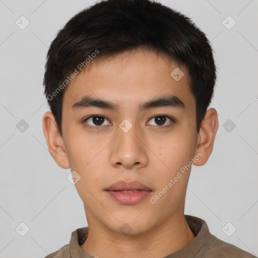 Neutral asian young-adult male with short  brown hair and brown eyes