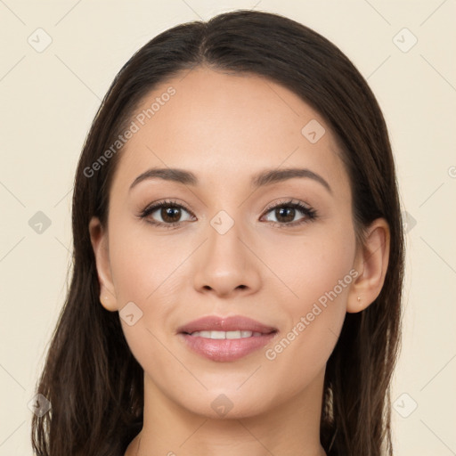 Joyful white young-adult female with long  brown hair and brown eyes