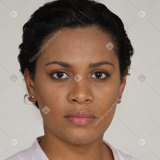 Neutral black young-adult female with short  black hair and brown eyes