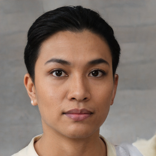 Neutral asian young-adult female with short  black hair and brown eyes