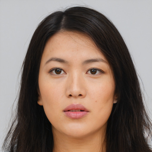 Neutral asian young-adult female with long  brown hair and brown eyes