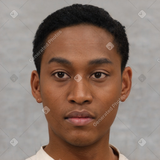 Neutral black young-adult male with short  black hair and brown eyes