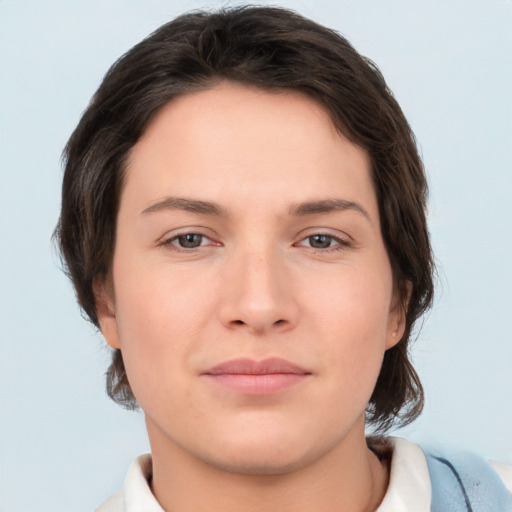 Neutral white young-adult female with short  brown hair and brown eyes