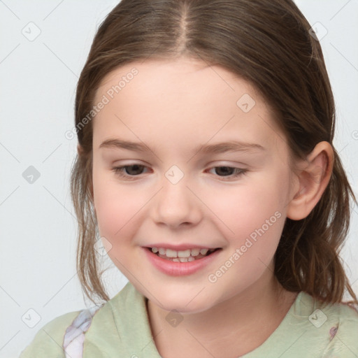 Joyful white child female with medium  brown hair and brown eyes