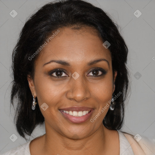 Joyful black young-adult female with medium  brown hair and brown eyes