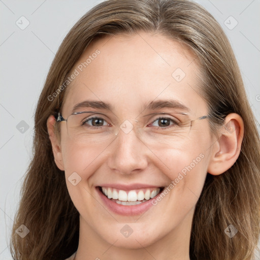 Joyful white young-adult female with long  brown hair and grey eyes