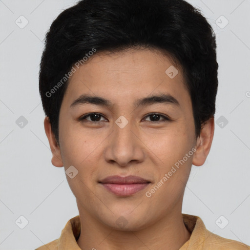 Joyful asian young-adult male with short  brown hair and brown eyes