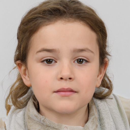 Neutral white child female with medium  brown hair and blue eyes