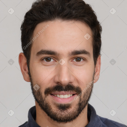 Joyful white young-adult male with short  black hair and brown eyes