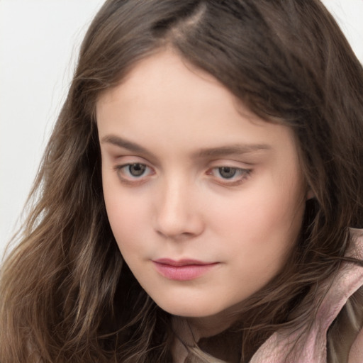 Neutral white child female with long  brown hair and grey eyes