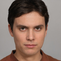 Neutral white young-adult male with short  brown hair and grey eyes