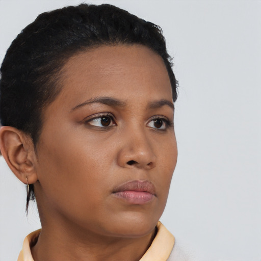 Neutral black young-adult female with short  brown hair and brown eyes