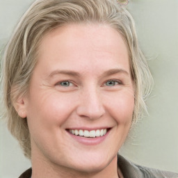 Joyful white young-adult female with medium  brown hair and blue eyes