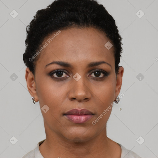 Joyful black young-adult female with short  black hair and brown eyes