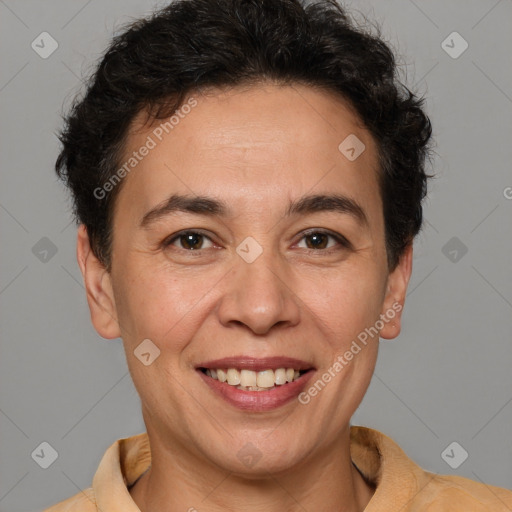 Joyful white adult female with short  brown hair and brown eyes