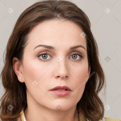 Neutral white young-adult female with medium  brown hair and grey eyes