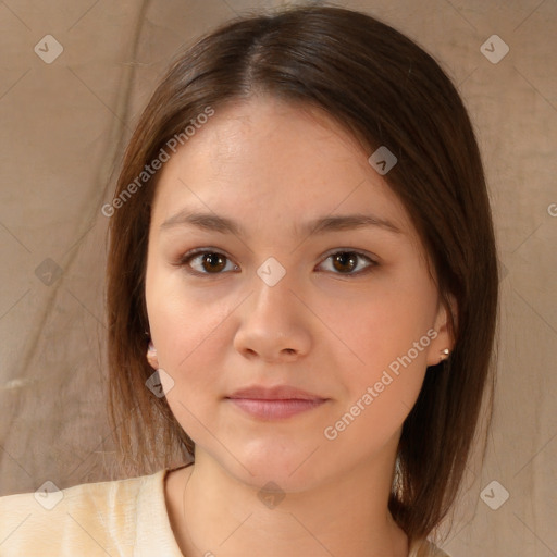 Neutral white young-adult female with medium  brown hair and brown eyes