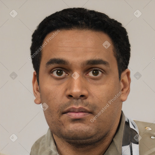 Neutral black young-adult male with short  black hair and brown eyes