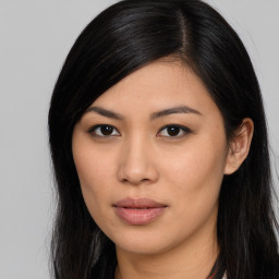 Neutral asian young-adult female with long  brown hair and brown eyes