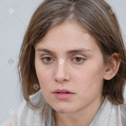 Neutral white young-adult female with medium  brown hair and brown eyes