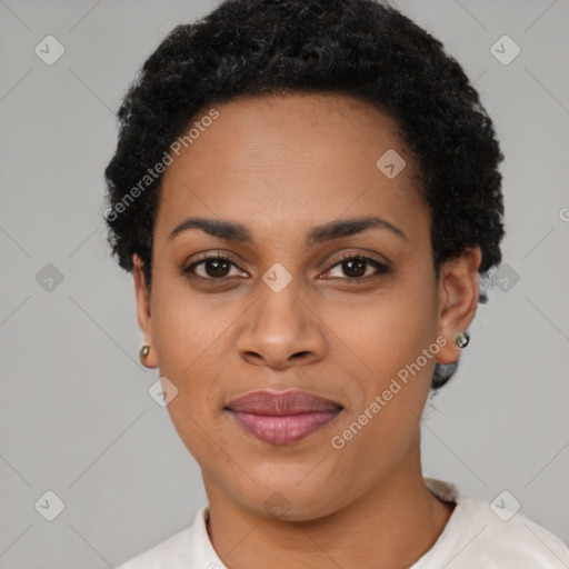 Joyful latino young-adult female with short  black hair and brown eyes