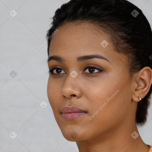 Neutral black young-adult female with short  brown hair and brown eyes