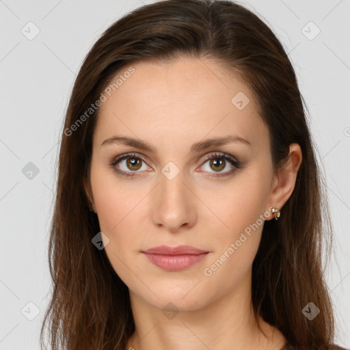 Neutral white young-adult female with long  brown hair and brown eyes