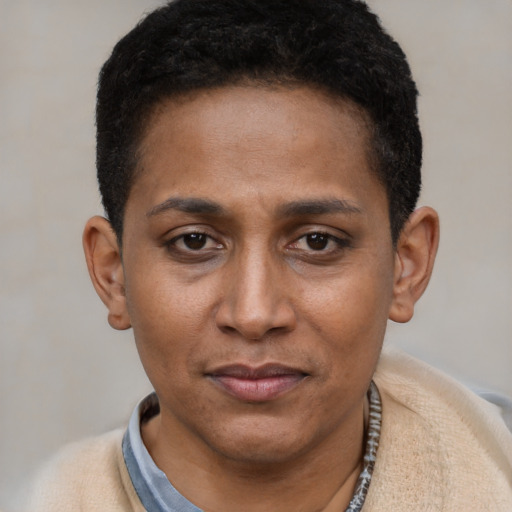 Joyful black young-adult female with short  black hair and brown eyes