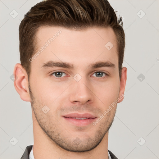 Neutral white young-adult male with short  brown hair and grey eyes