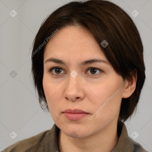 Neutral white young-adult female with medium  brown hair and brown eyes