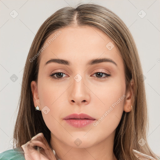 Neutral white young-adult female with long  brown hair and brown eyes