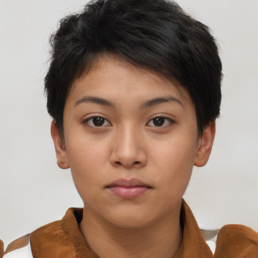 Neutral asian young-adult female with short  brown hair and brown eyes