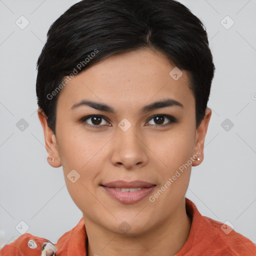 Joyful asian young-adult female with short  brown hair and brown eyes