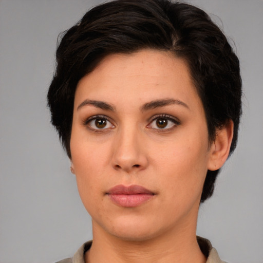 Neutral white young-adult female with medium  brown hair and brown eyes