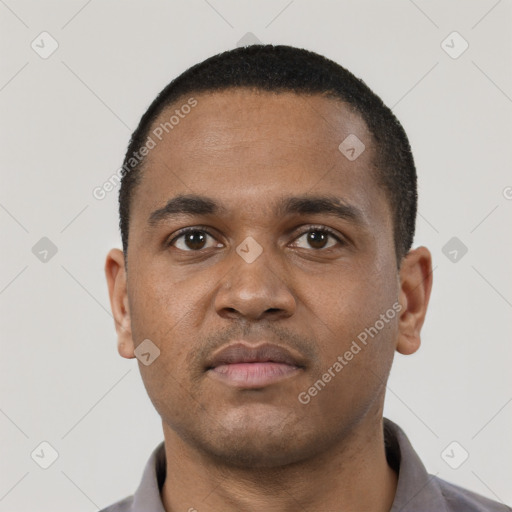Neutral black young-adult male with short  black hair and brown eyes