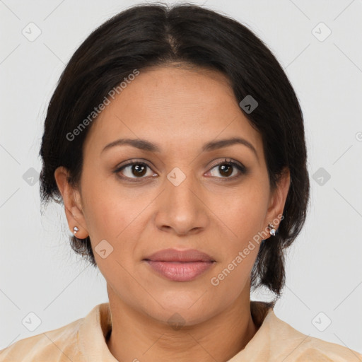 Joyful latino young-adult female with medium  brown hair and brown eyes